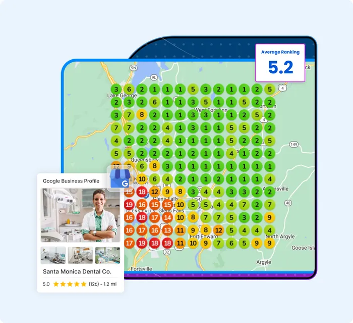 Example Google Maps heatmap: a grid of pins across a service area, coloured green where the business ranks in the top three, amber where it's close, and red where it doesn't appear