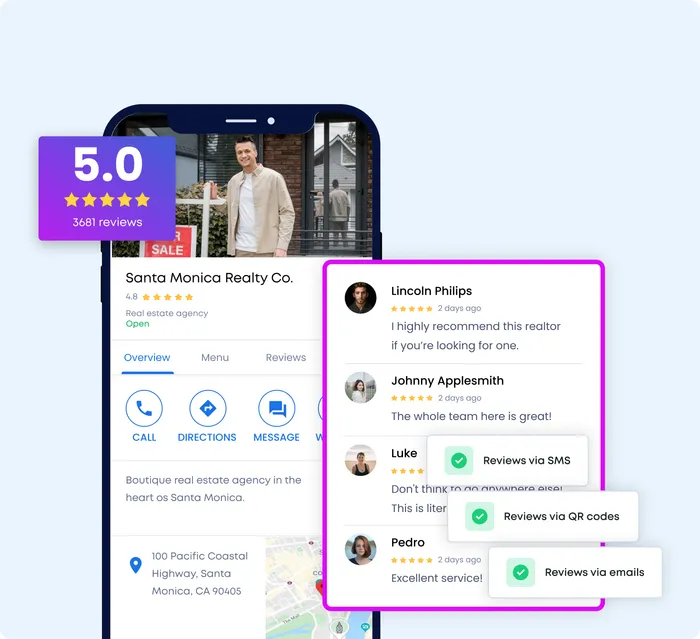 Example review request messages sent automatically by SMS, QR code and email, prompting a customer to leave a review