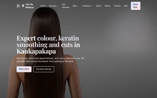 Home page of Hair By Melissa, hairdressing website
